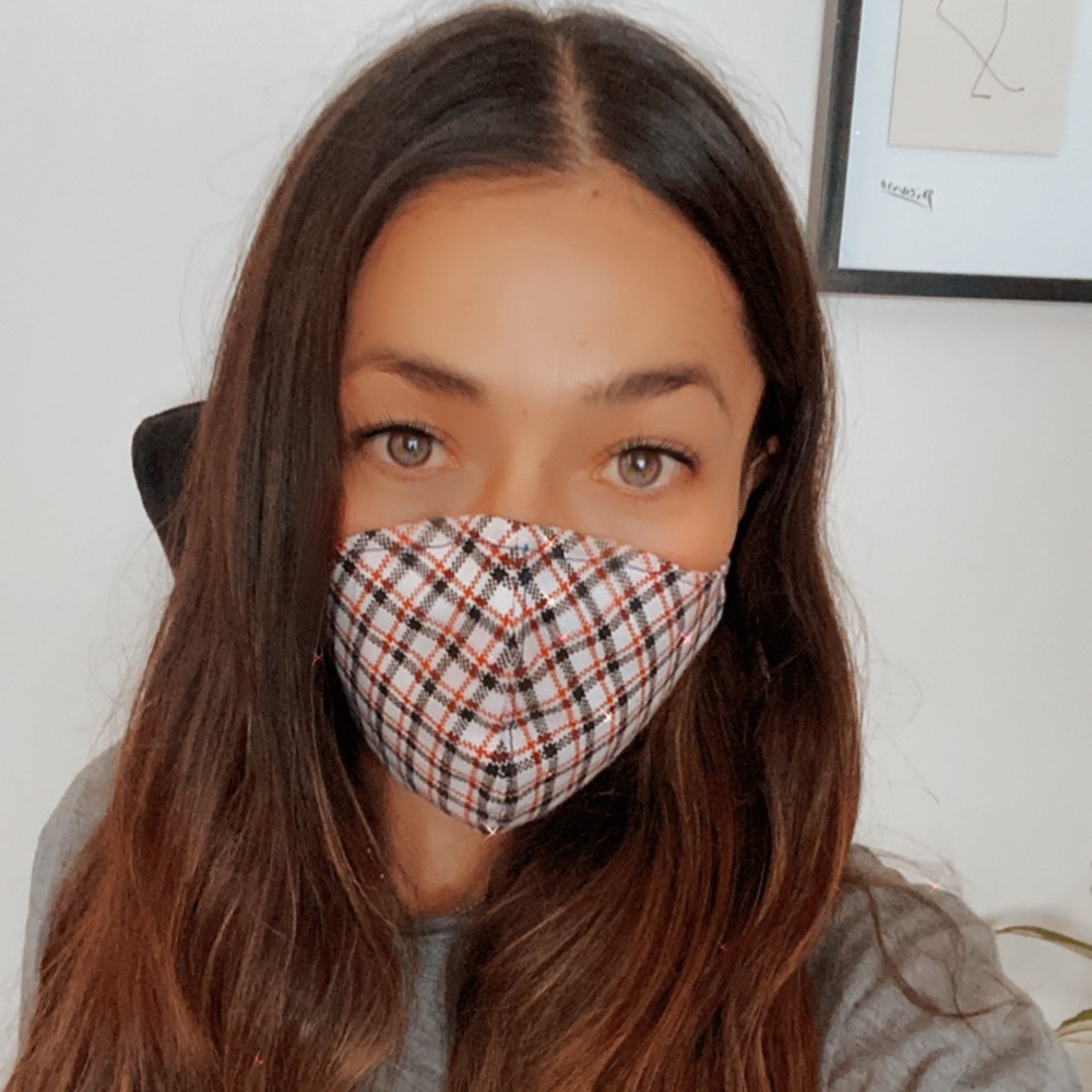 Face Mask flannel with red faux Leather straps